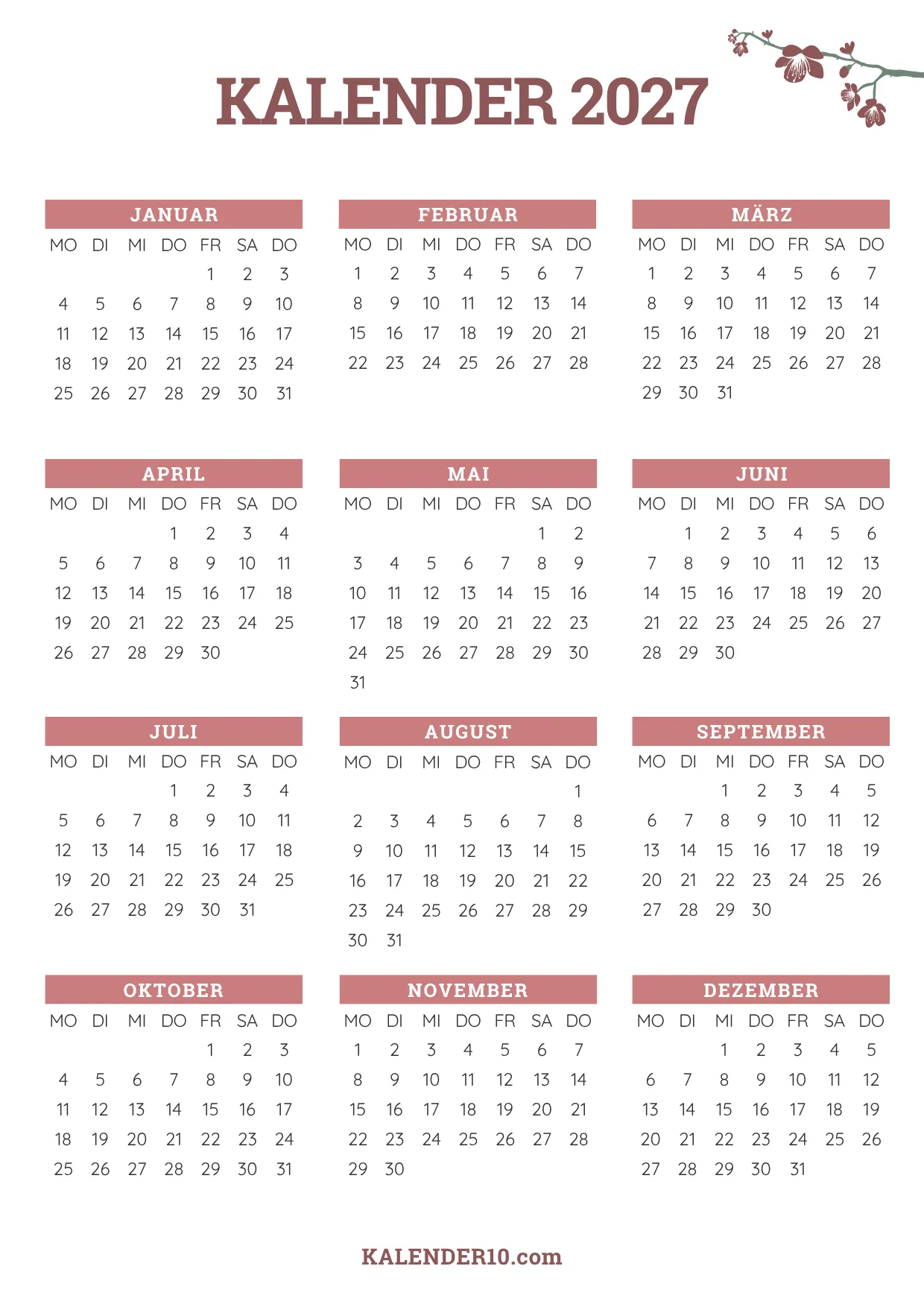 Jahreskalender 2027 floral zum Ausdrucken