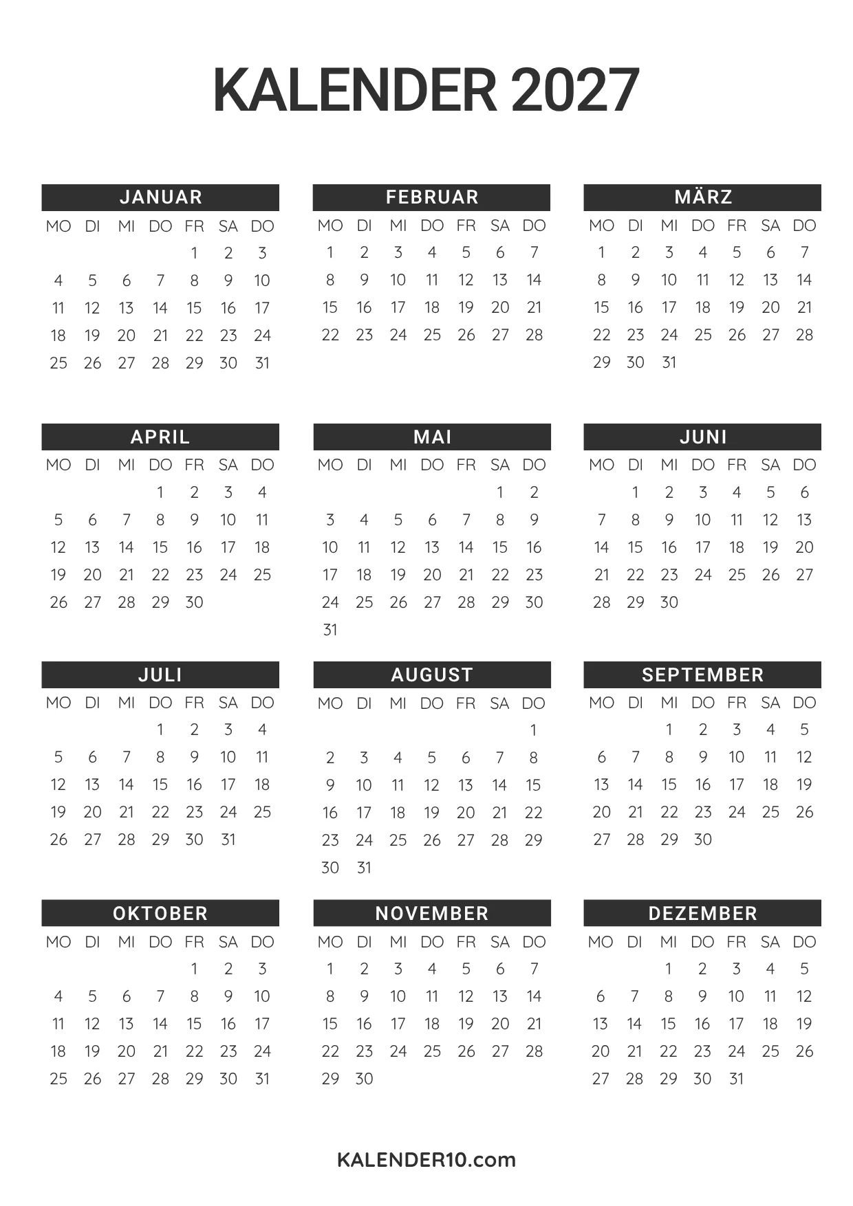 Kalender 2027 Jahresuebersicht minimalistisch