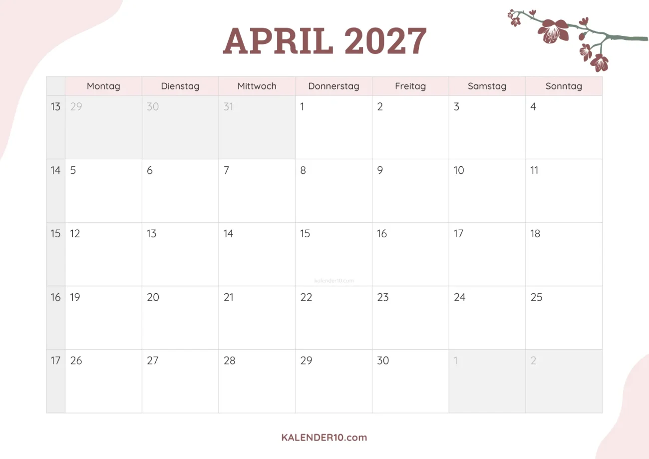 Kalender April 2027 floral design