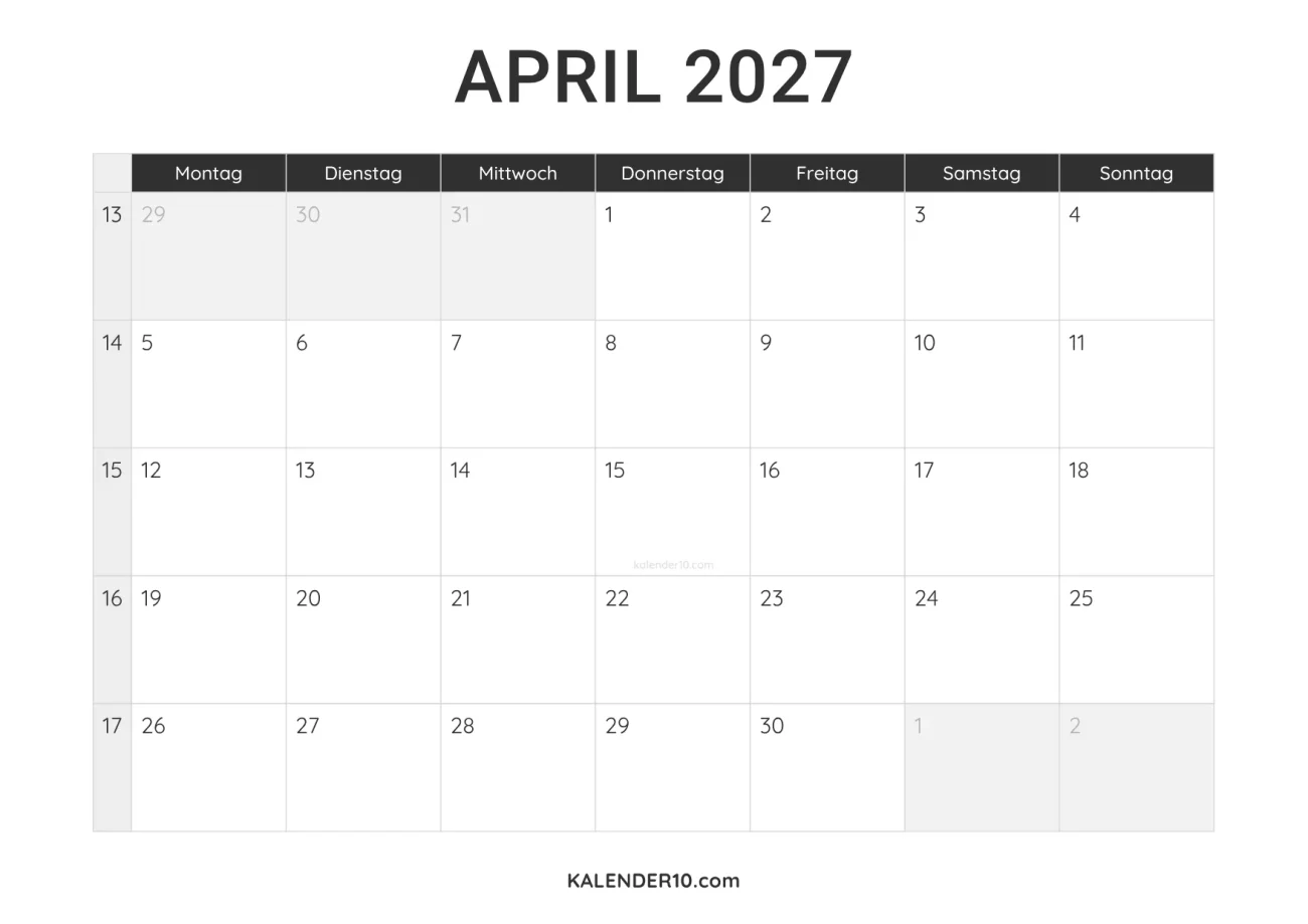 Kalender April 2027 minimalistisch zum Ausdrucken