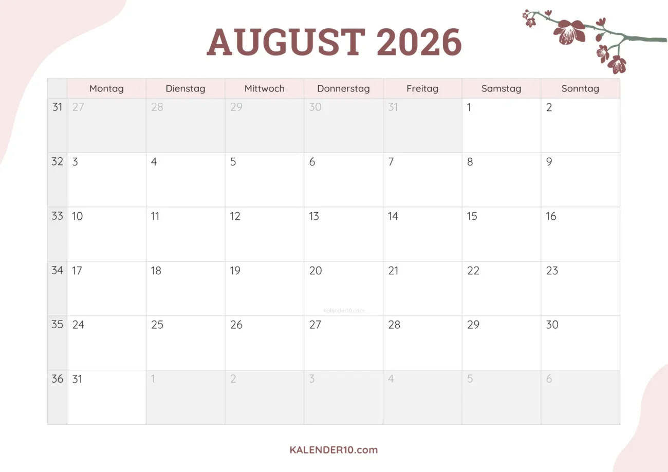 Kalender August 2026 floral design