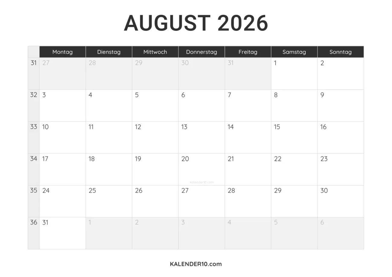 Kalender August 2026 minimalistisch zum Ausdrucken