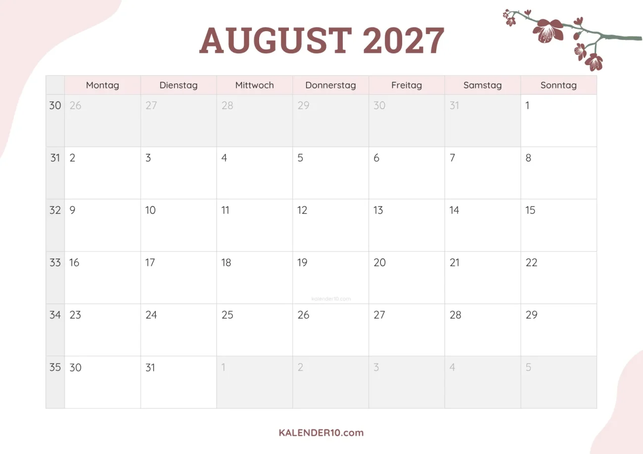 Kalender August 2027 floral design