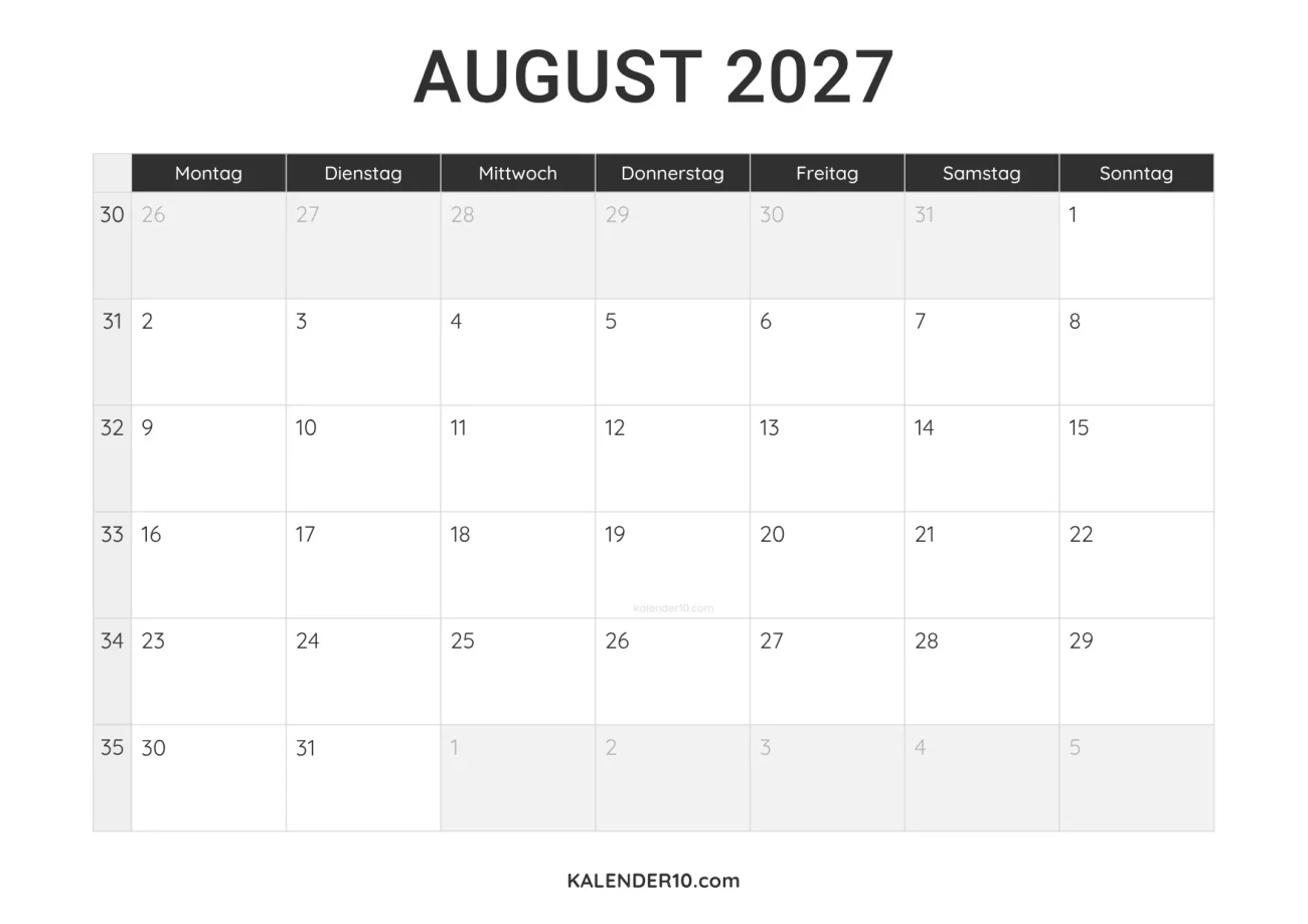 Kalender August 2027 minimalistisch zum Ausdrucken