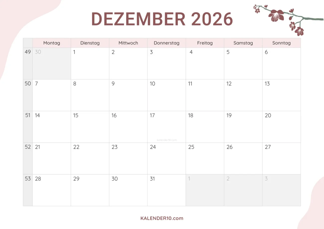 Kalender Dezember 2026 floral design