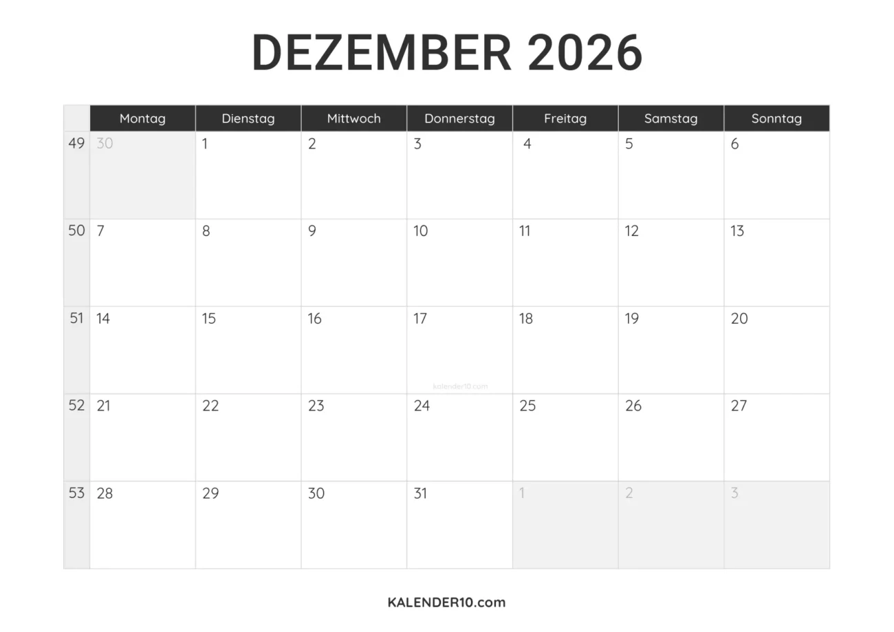 Kalender Dezember 2026 minimalistisch zum Ausdrucken