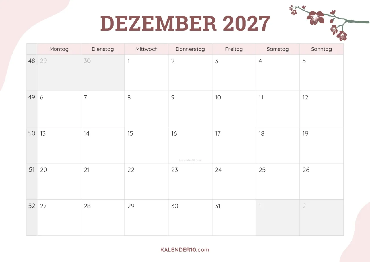 Kalender Dezember 2027 floral design