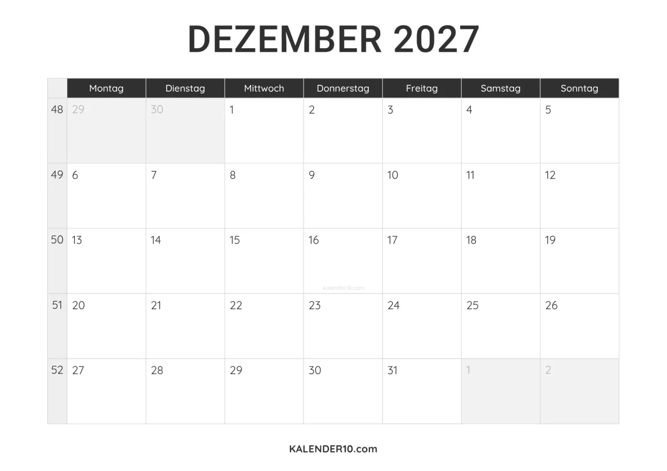 Kalender Dezember 2027 minimalistisch zum Ausdrucken