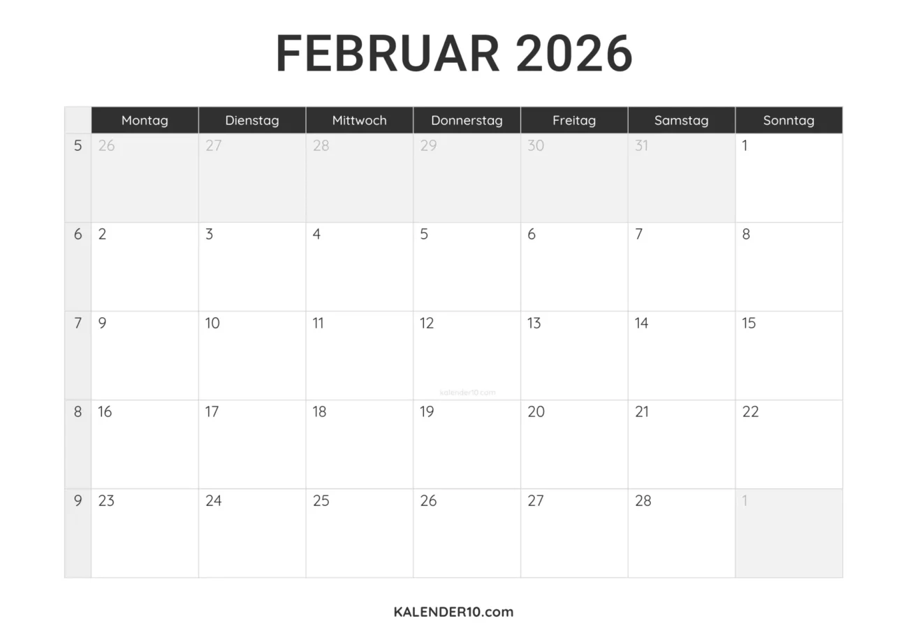 Kalender Februar 2026 ️ zum Ausdrucken: Valentinstag & Karneval planen