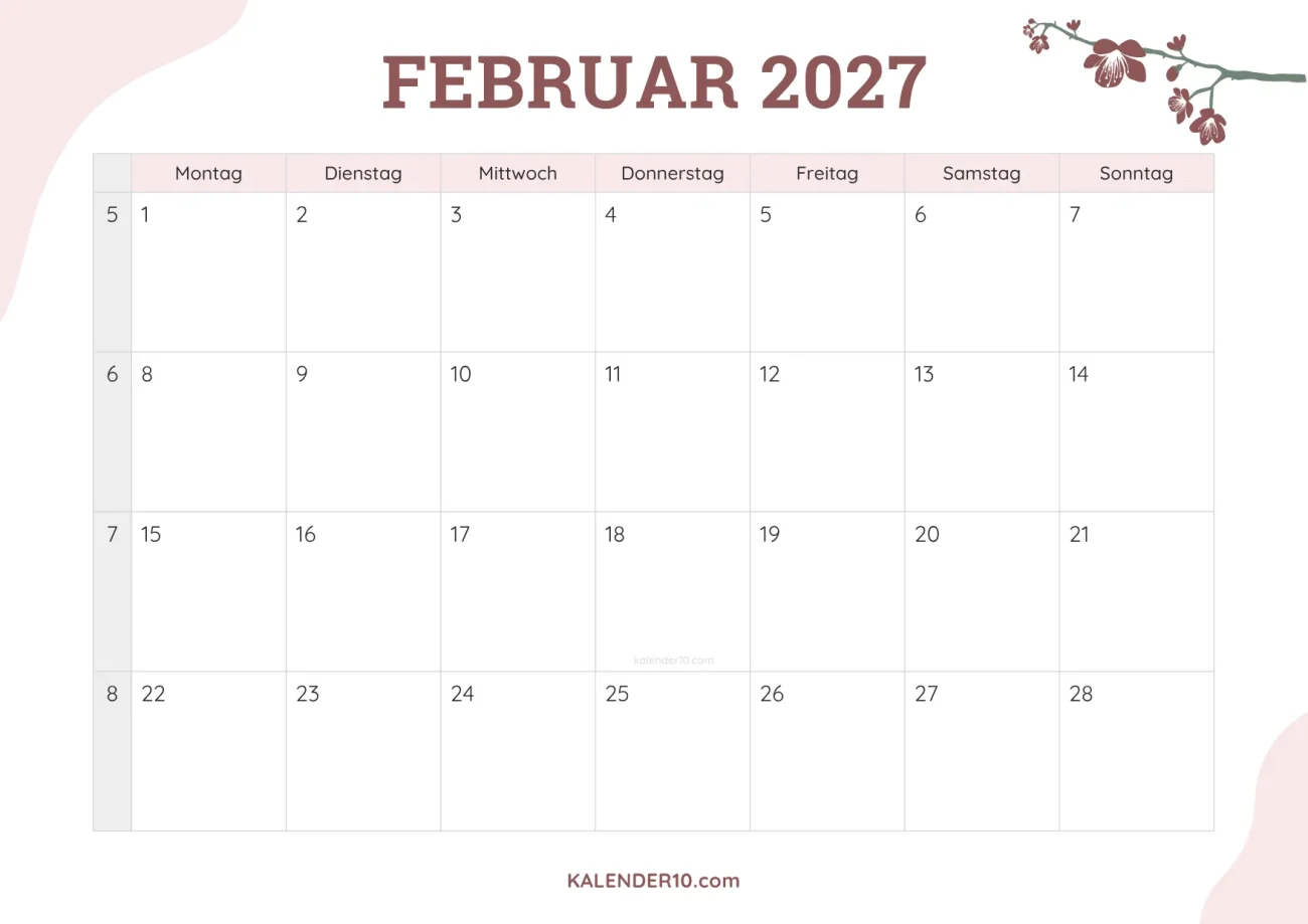 Kalender Februar 2027 floral