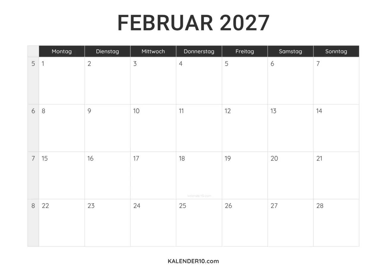 Kalender Februar 2027 minimalistisch zum Ausdrucken