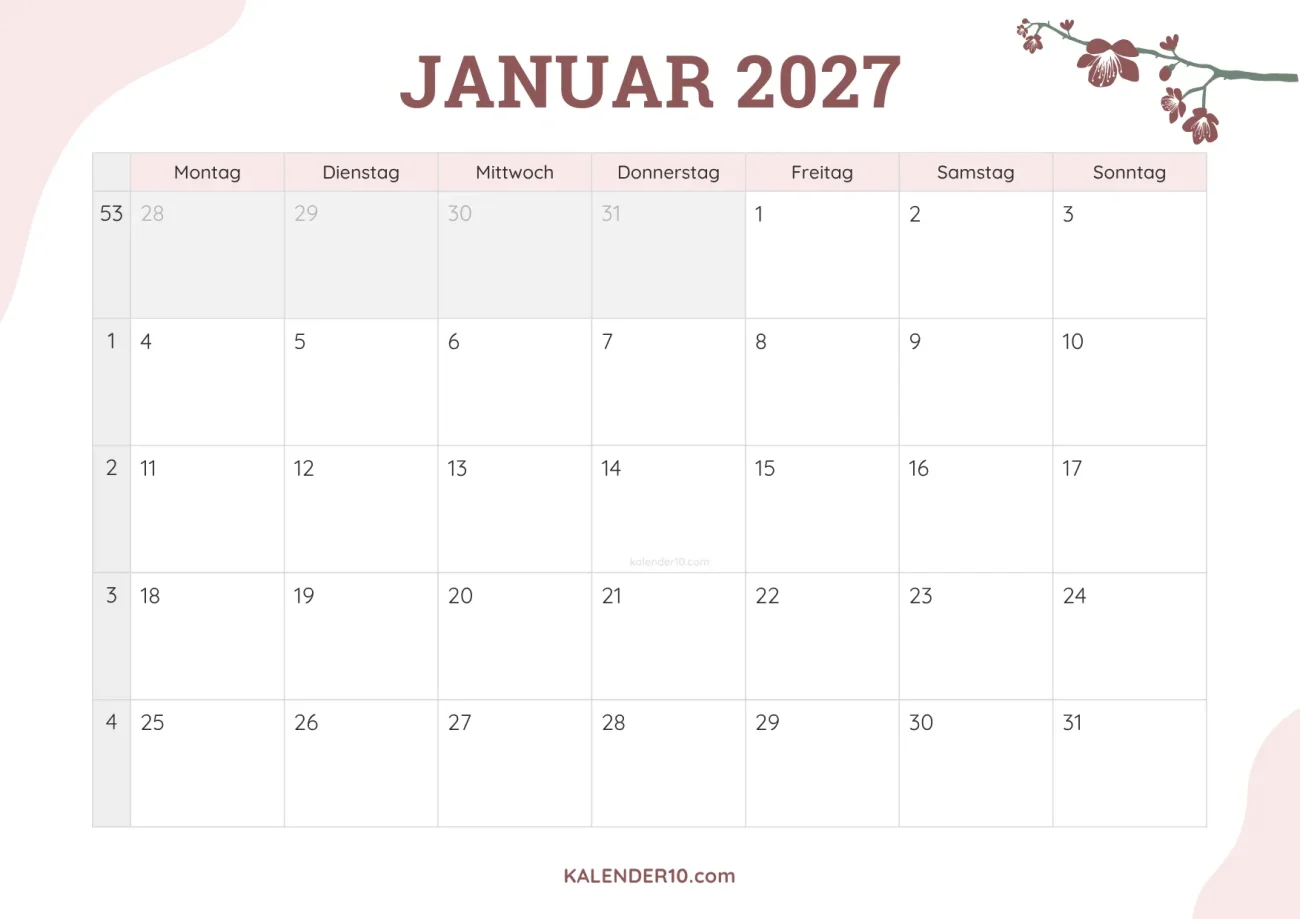 Kalender Januar 2027 floral design