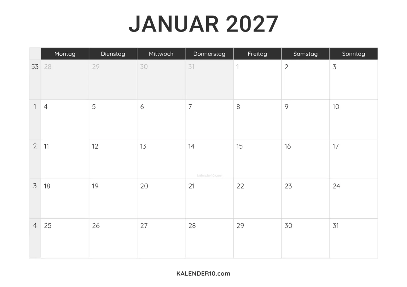 Kalender Januar 2027 minimalistisch zum Ausdrucken