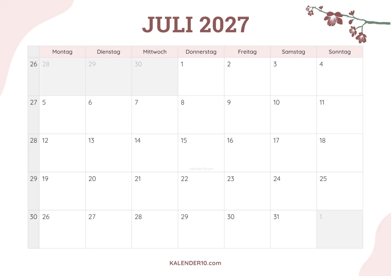 Kalender Juli 2027 floral design