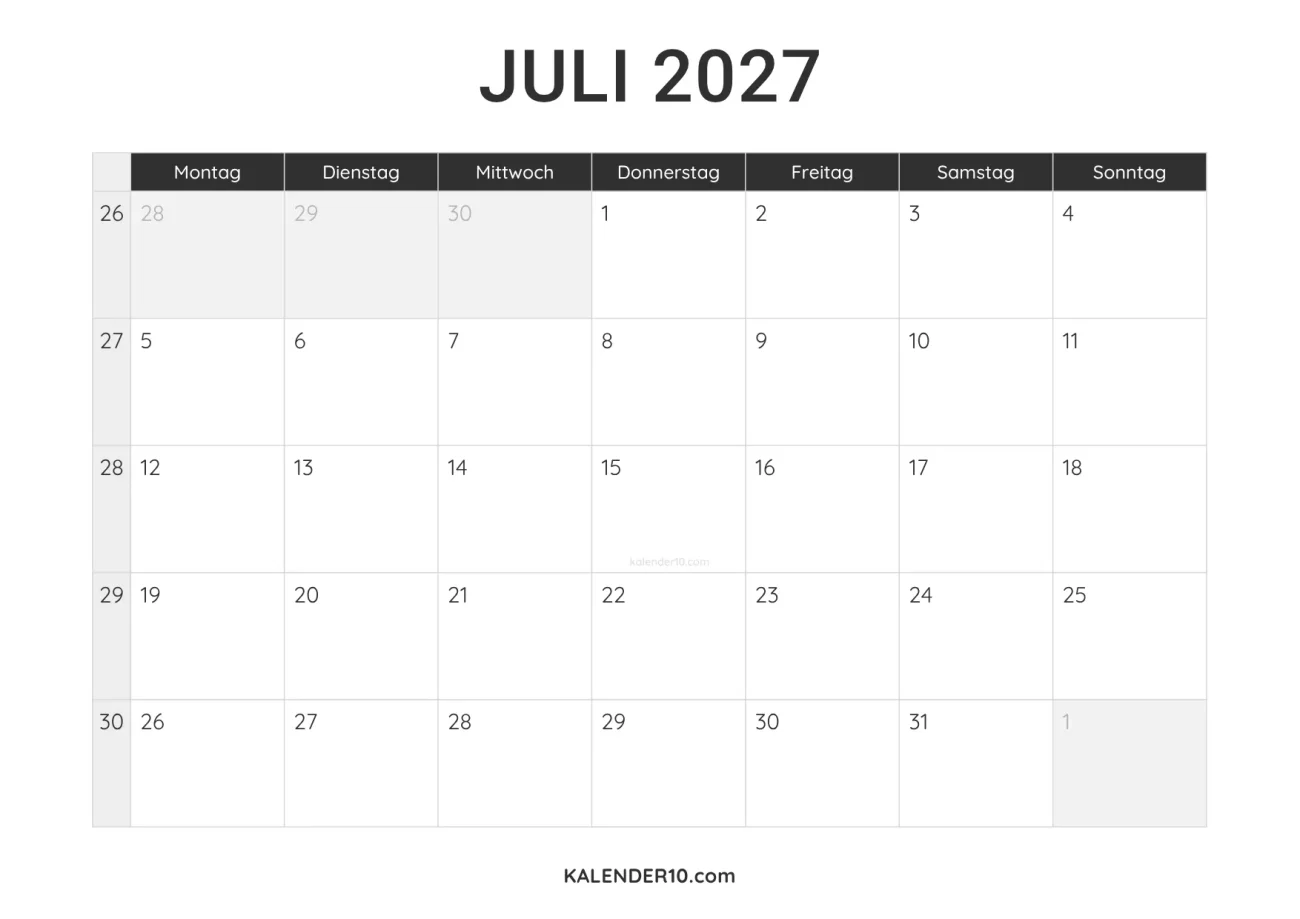 Kalender Juli 2027 minimalistisch zum Ausdrucken