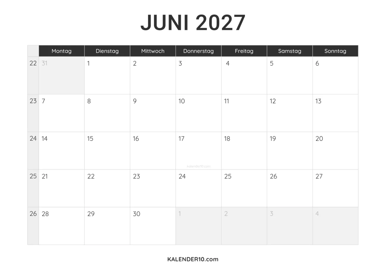Kalender Juni 2027 minimalistisch zum Ausdrucken