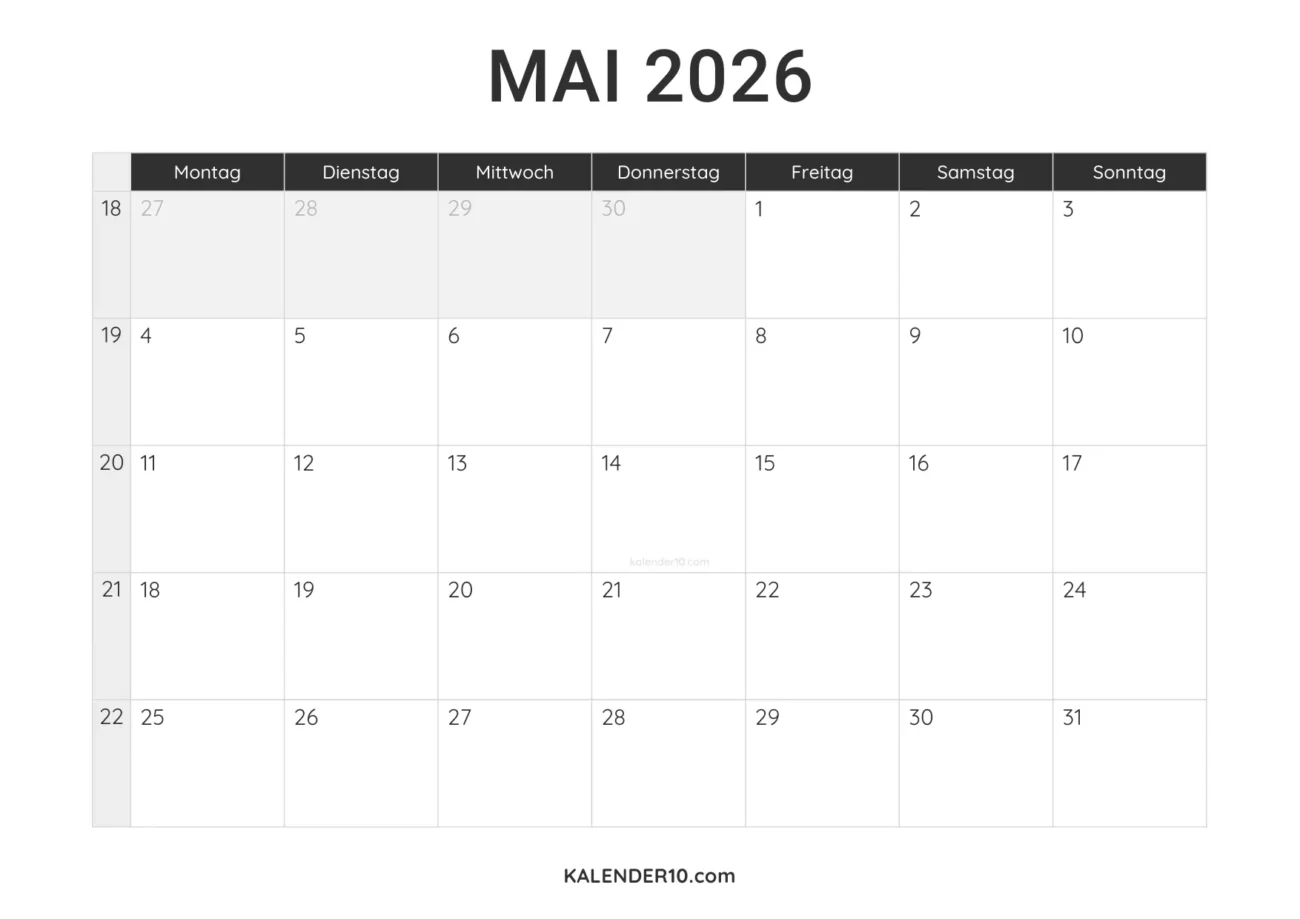 Kalender Mai 2026 ️ zum Ausdrucken: Feiertage & Muttertag planen