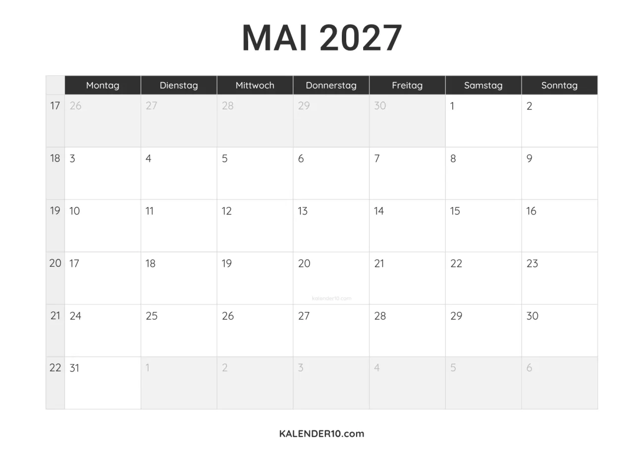 Kalender Mai 2027 minimalistisch zum Ausdrucken