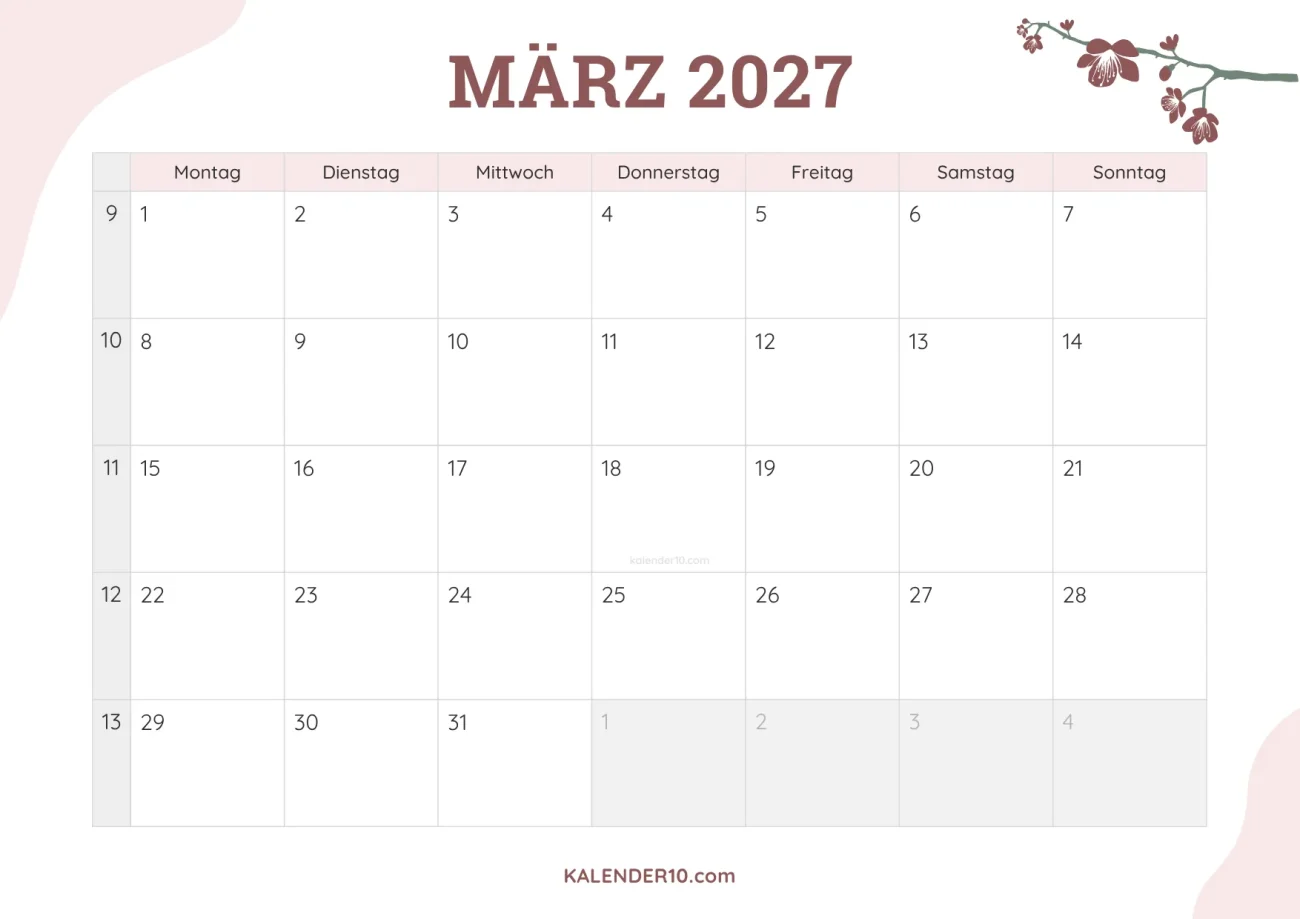 Kalender März 2027 floral design