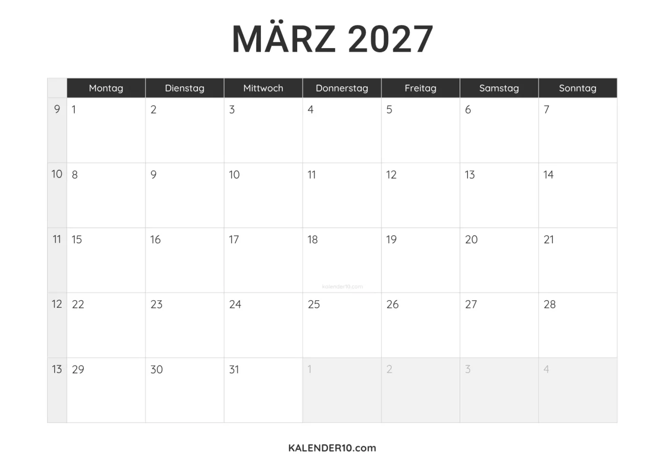 Kalender März 2027 minimalistisch zum Ausdrucken