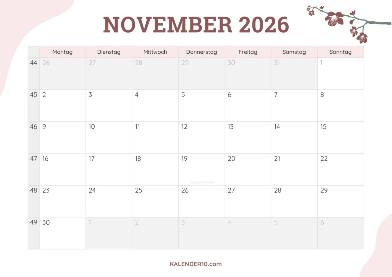 Kalender November 2026 floral design