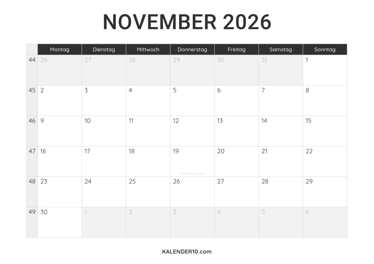 Kalender November 2026 minimalistisch zum Ausdrucken