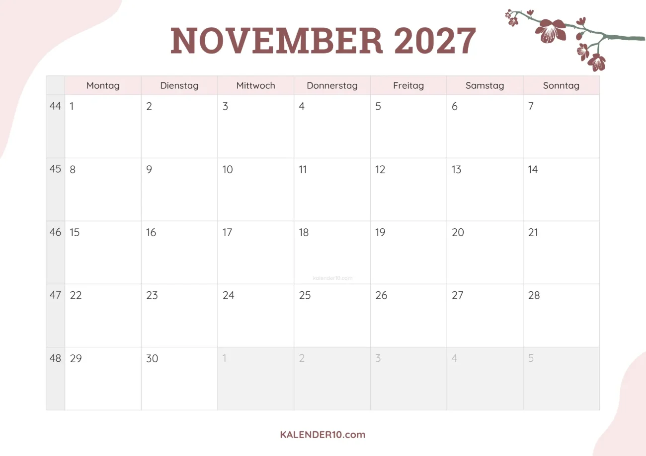 Kalender November 2027 floral design