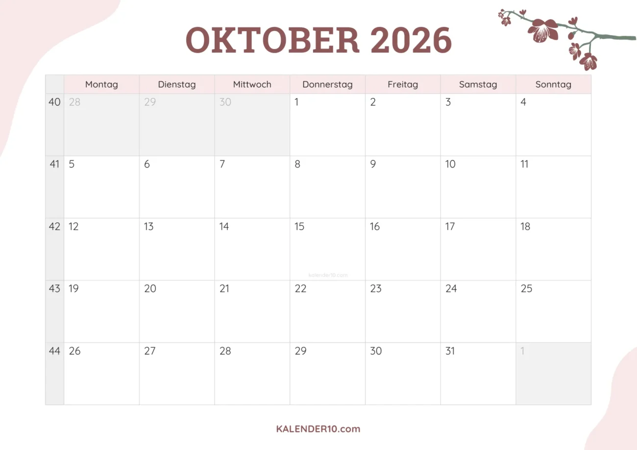 Kalender Oktober 2026 floral design