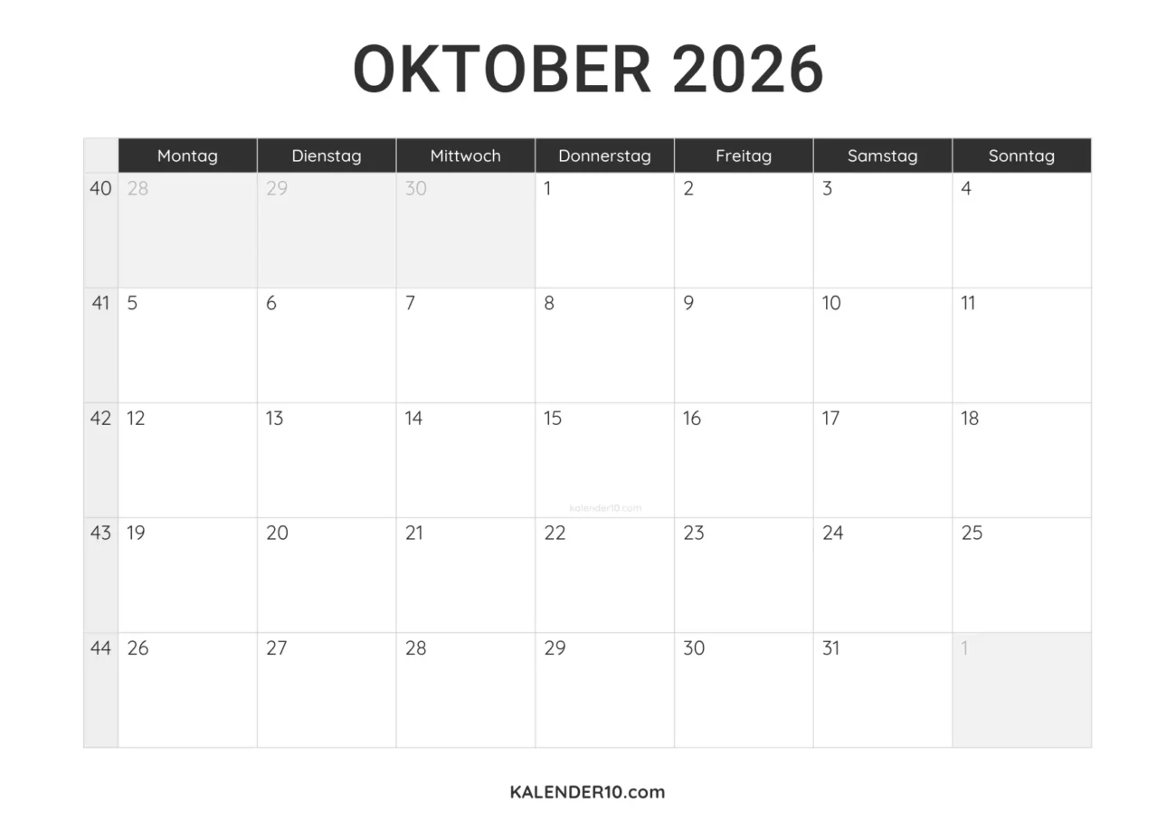 Kalender Oktober 2026 minimalistisch zum Ausdrucken