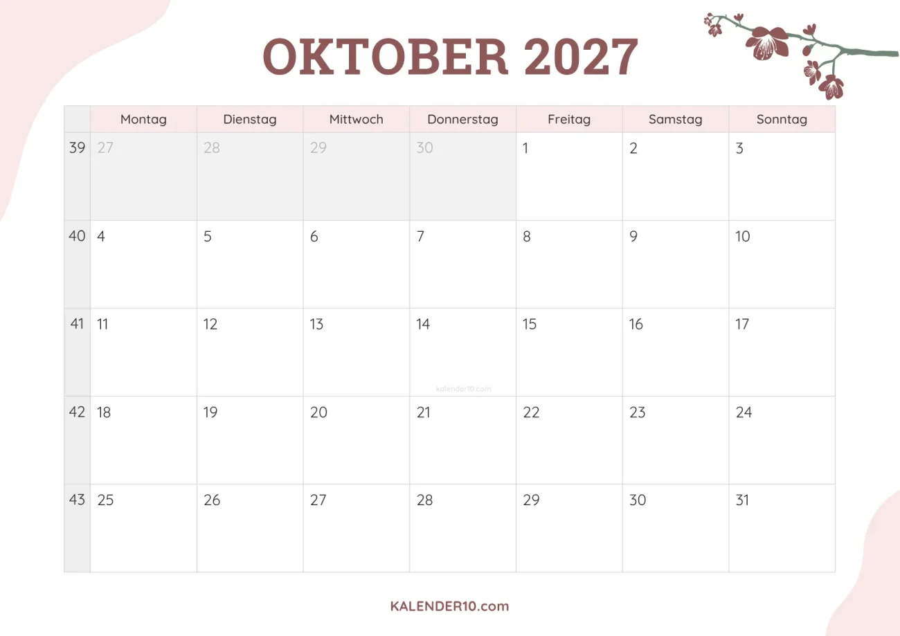 Kalender Oktober 2027 floral design