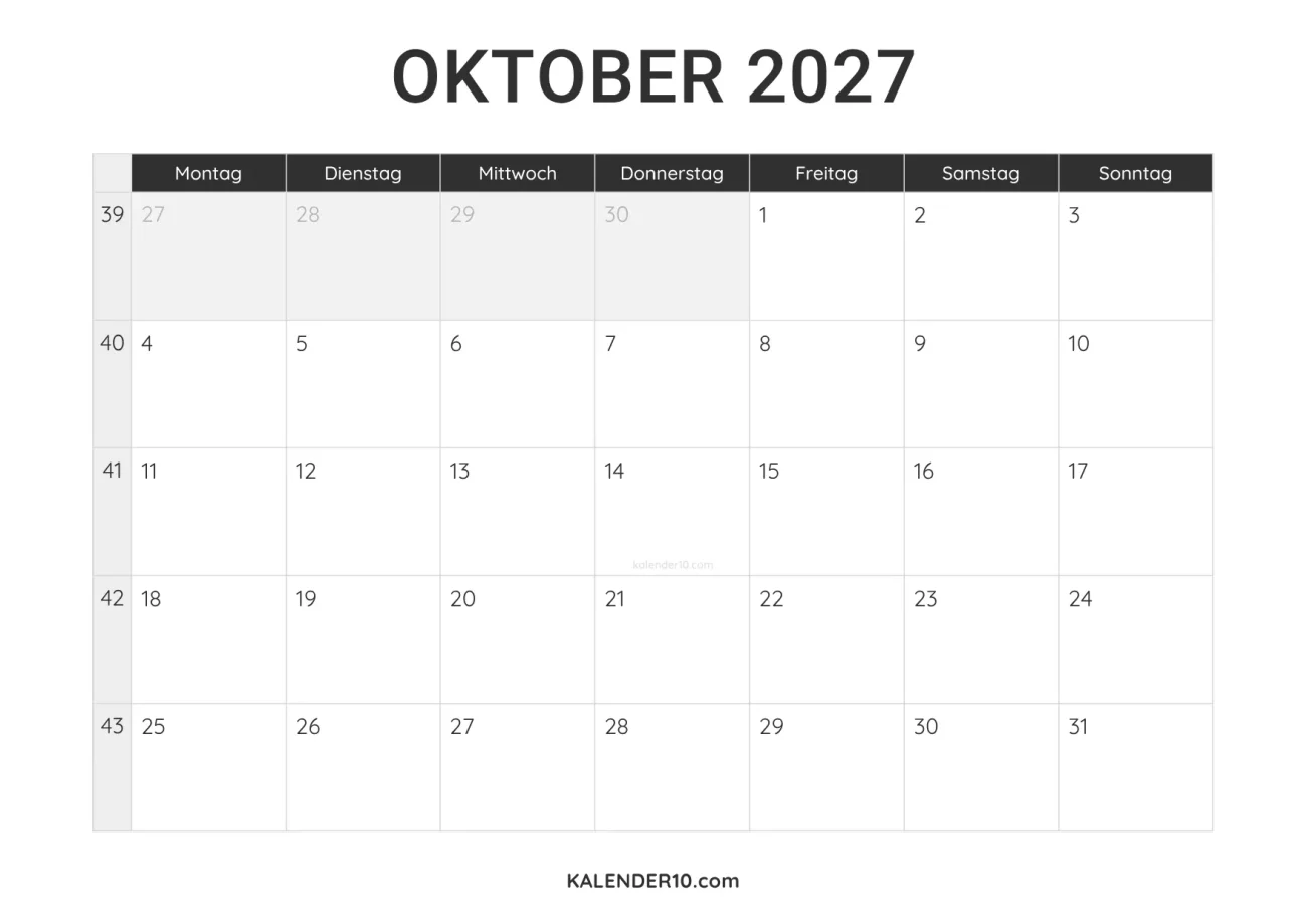 Kalender Oktober 2027 minimalistisch zum Ausdrucken