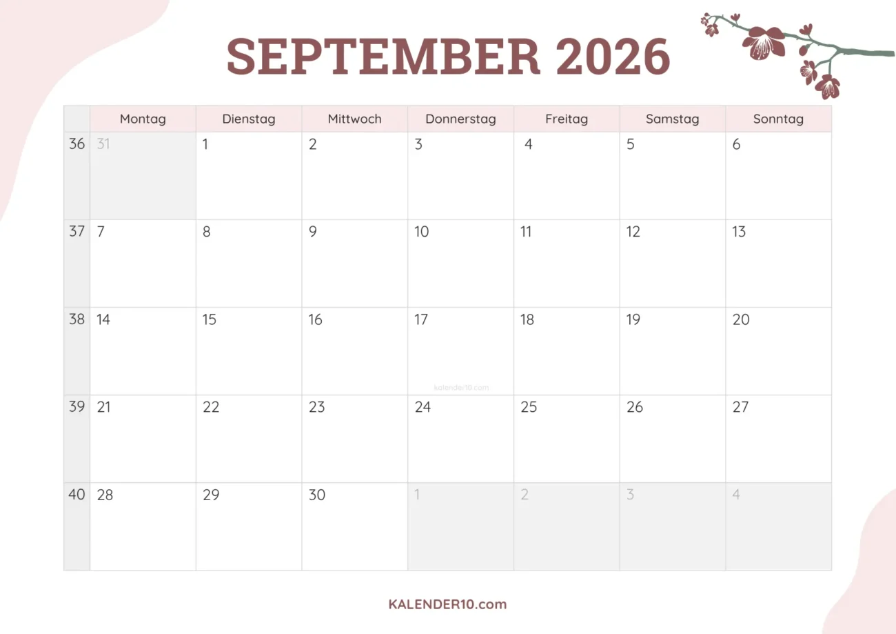 Kalender September 2026 floral design