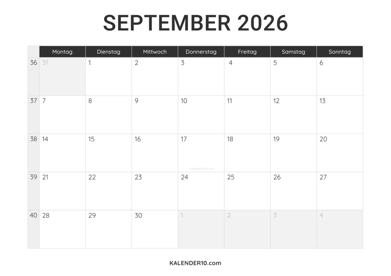Kalender September 2026 minimalistisch zum Ausdrucken