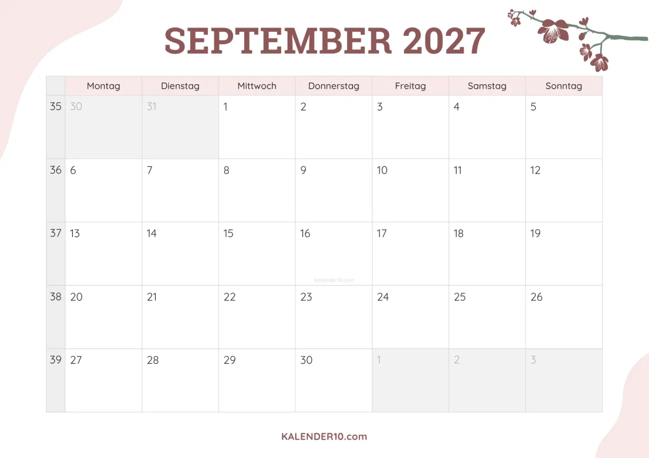 Kalender September 2027 floral design