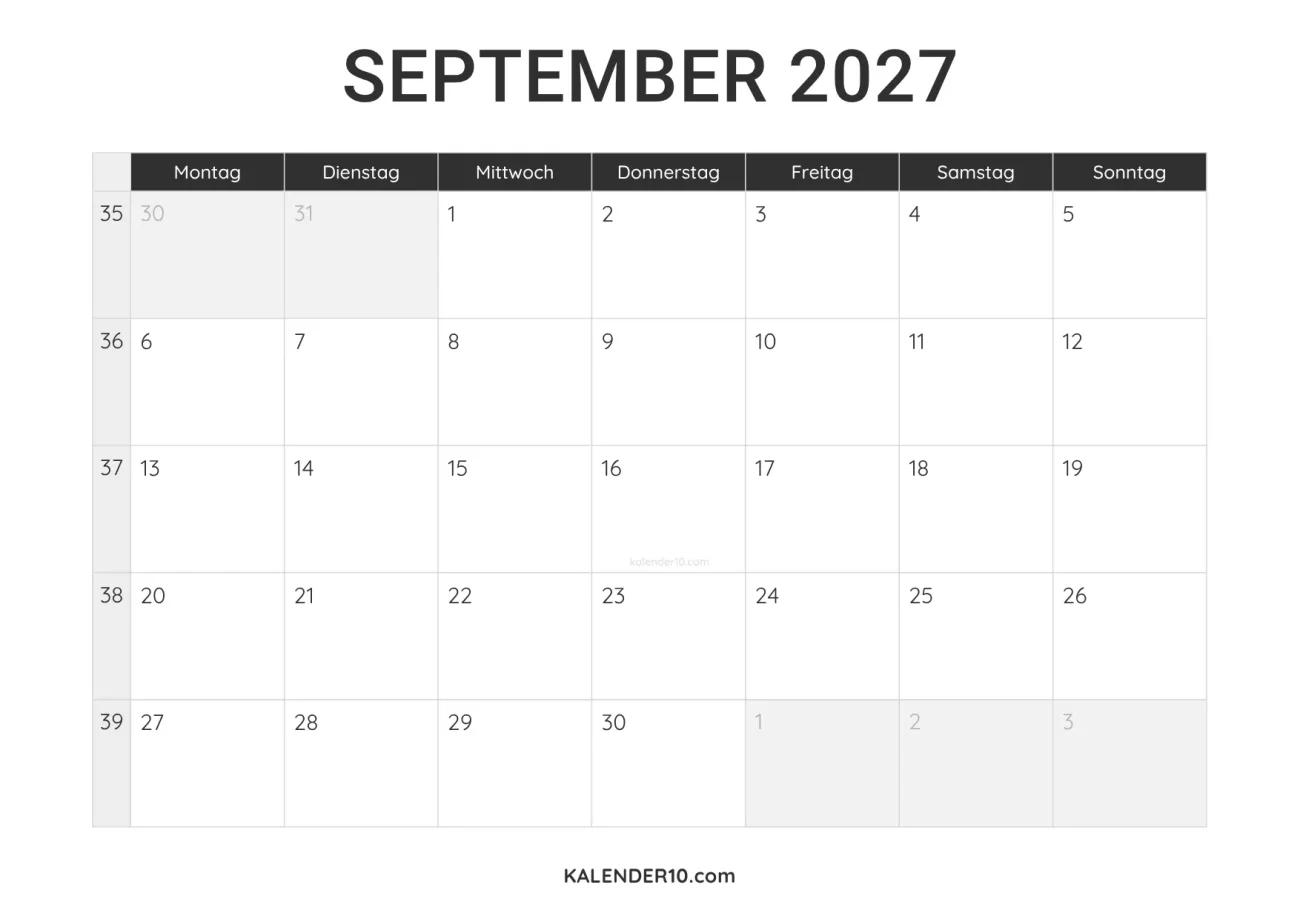 Kalender September 2027 minimalistisch zum Ausdrucken