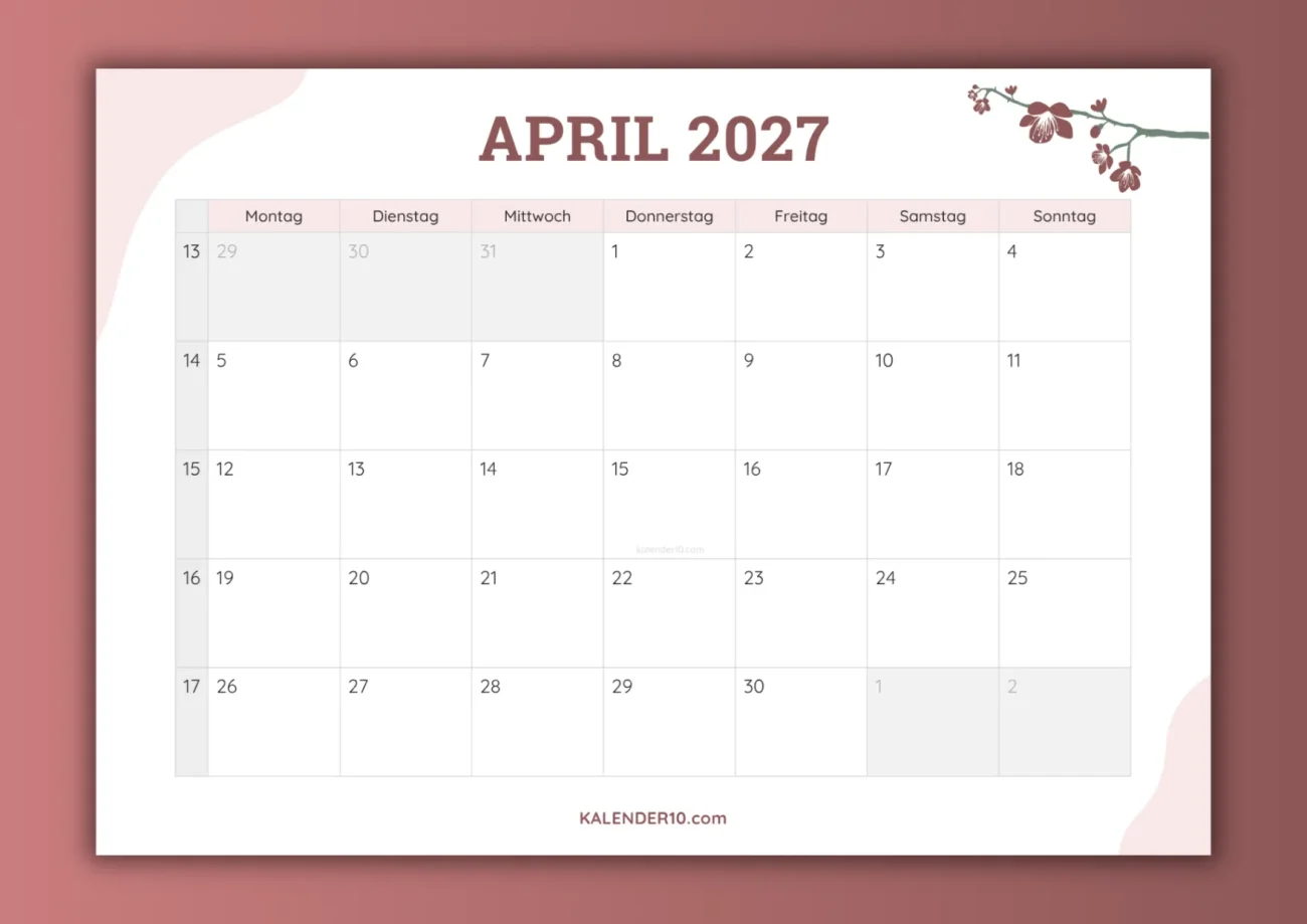 Monatskalender April 2027 zum Ausdrucken