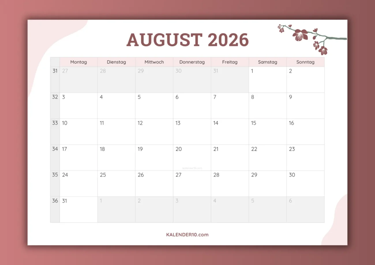 Monatskalender August 2026 zum Ausdrucken