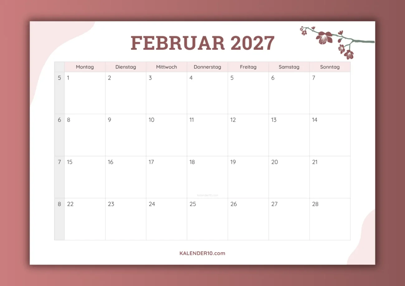 Monatskalender Februar 2027 zum Ausdrucken