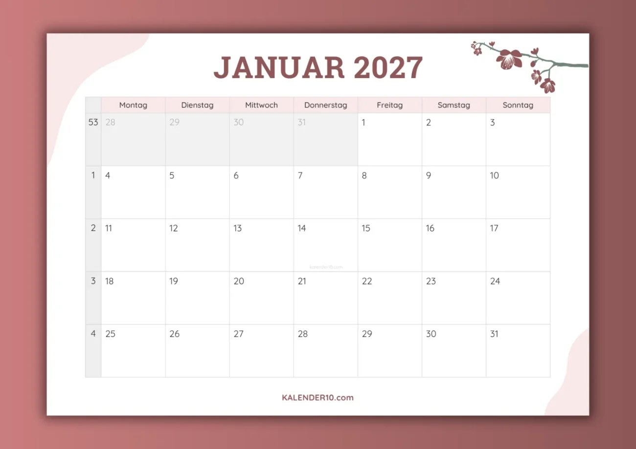 Monatskalender Januar 2027 zum Ausdrucken