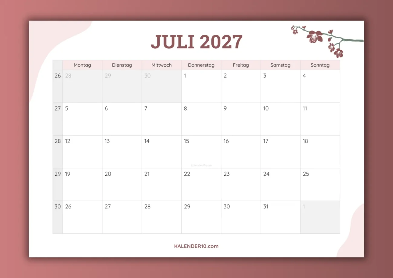 Monatskalender Juli 2027 zum Ausdrucken