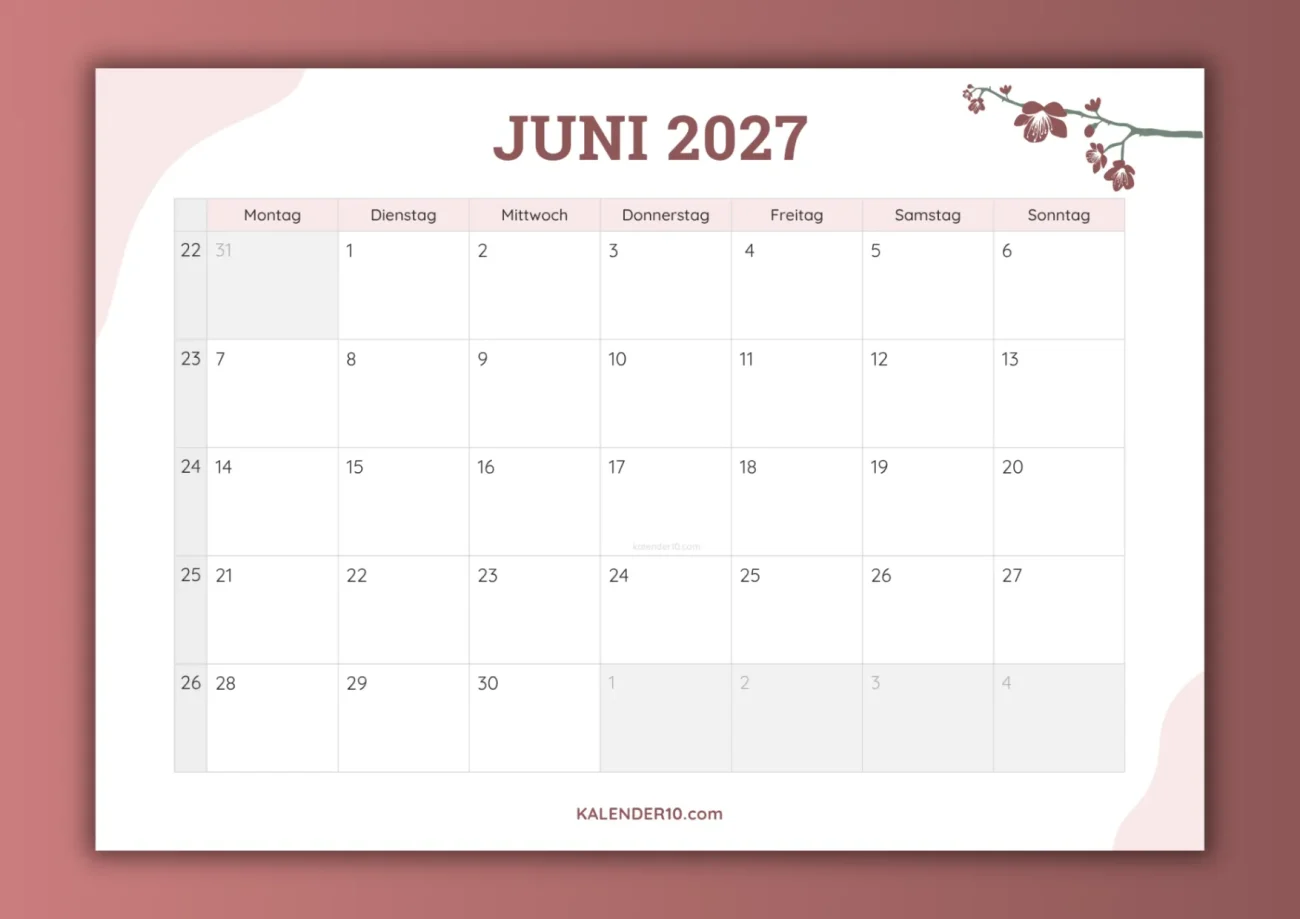 Monatskalender Juni 2027 zum Ausdrucken