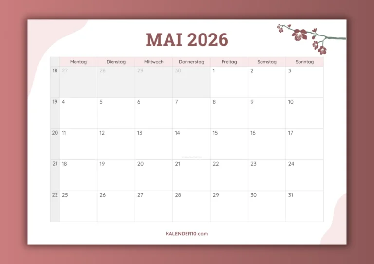 Kalender Mai 2026 ️ zum Ausdrucken: Feiertage & Muttertag planen
