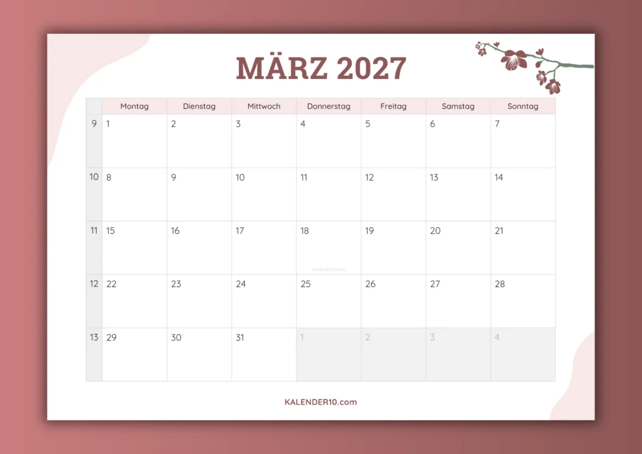 Monatskalender März 2027 zum Ausdrucken