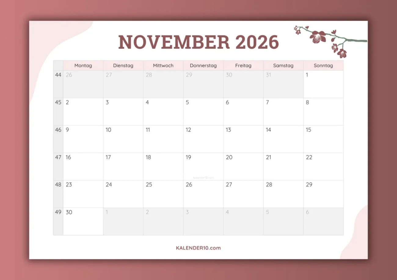 Monatskalender November 2026 zum Ausdrucken