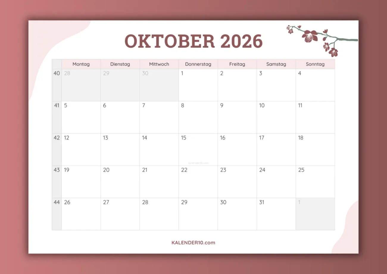 Monatskalender Oktober 2026 zum Ausdrucken